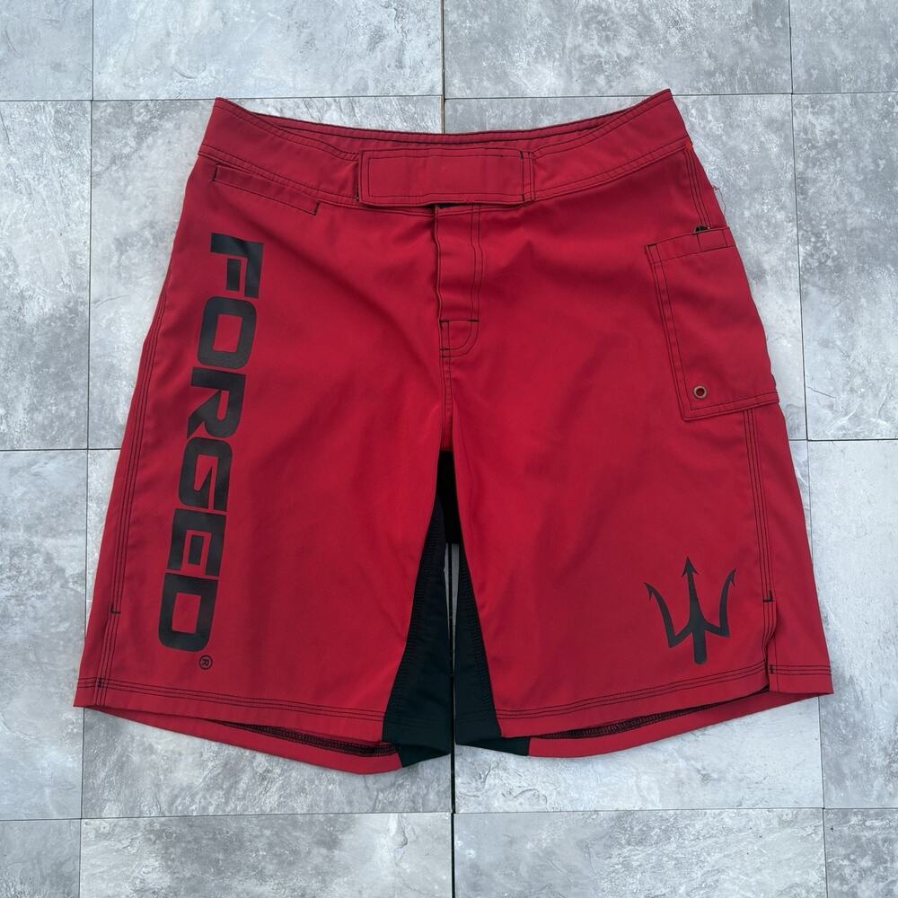 Y2K Forged Company Board Shorts Red Black Surf Swim Trunks Spell Out 32